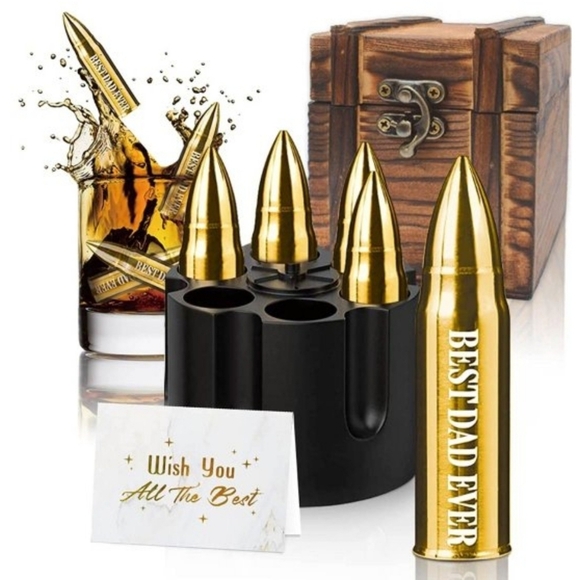 Bullet Shaped Stones Gift Set for Men with Vintage Wooden Case, Metal Stainless - Picture 3 of 3